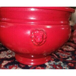 Emile Henry Le Potier Covered Tureen Soup Bowl Cooker 4 Qt Red w Lion Head VTG